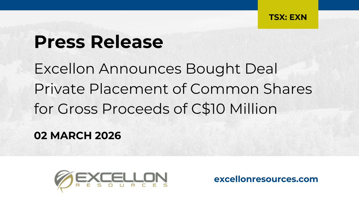 EXN_Resources's tweet photo. Excellon Announces Bought Deal Private Placement of Common Shares for Gross Proceeds of C$10 Million

More in our March 02 press release: https://t.co/L9j39n0Wtl

$EXN.TO $EXN $EXNRF https://t.co/v2G7yRa197