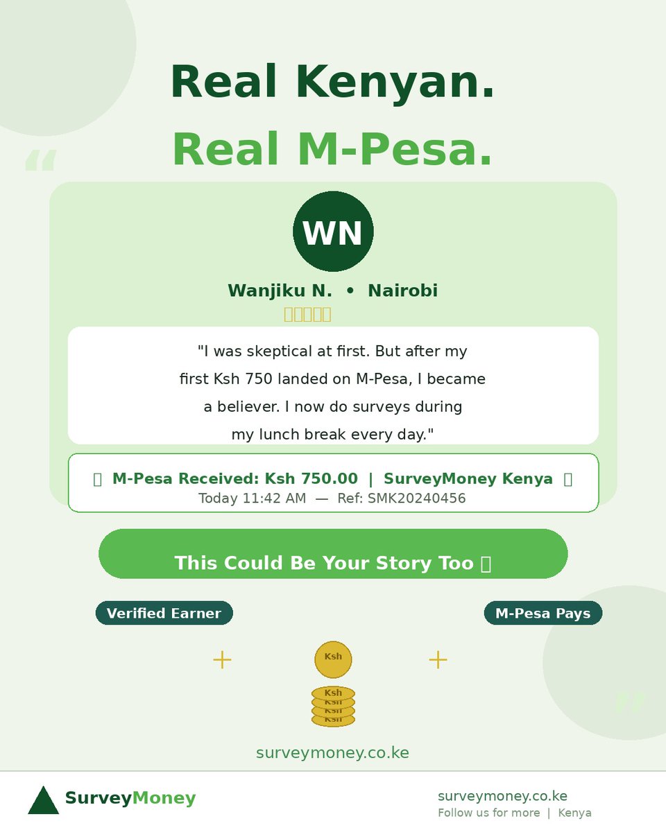 digital_kenyan's tweet photo. Earn cash with ease 💵 with https://t.co/NUUOtICgKE

Real Kenyans are earning real money with SurveyMoney! Wanjiku’s story is proof! Start earning extra cash during your breaks. Sign up today and turn surveys into payouts. 💸

#SurveyMoney #RealEarnings #MPesaPays https://t.co/xFIymBnUpl