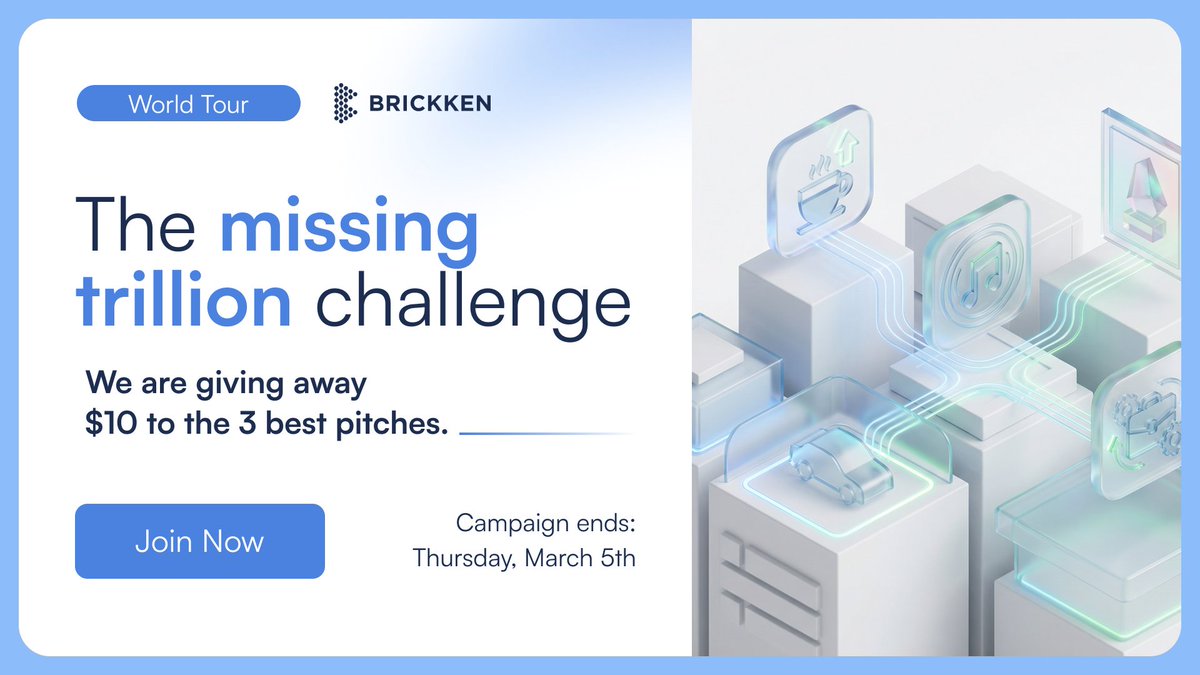 Brickken's tweet photo. The Missing Trillion Challenge

As part of Brickken's 2026 World Tour, we're launching this campaign for our community!

The $18 Trillion tokenization shift isn't just about real estate and bonds. 
From tokenized IP rights to fractionally owned fine art, the definition of an "asset" is expanding.

What is the most unconventional everyday asset or revenue stream that needs to be tokenized on-chain right now?

The Prize: We are giving away $10 to the 3 best pitches.

How to enter: 
• Follow @Brickken 
• Quote RT this post with your asset pitch. 
• Drop a reply below explaining why it needs programmable trust.

Get creative. The weirder (but viable), the better. 👇