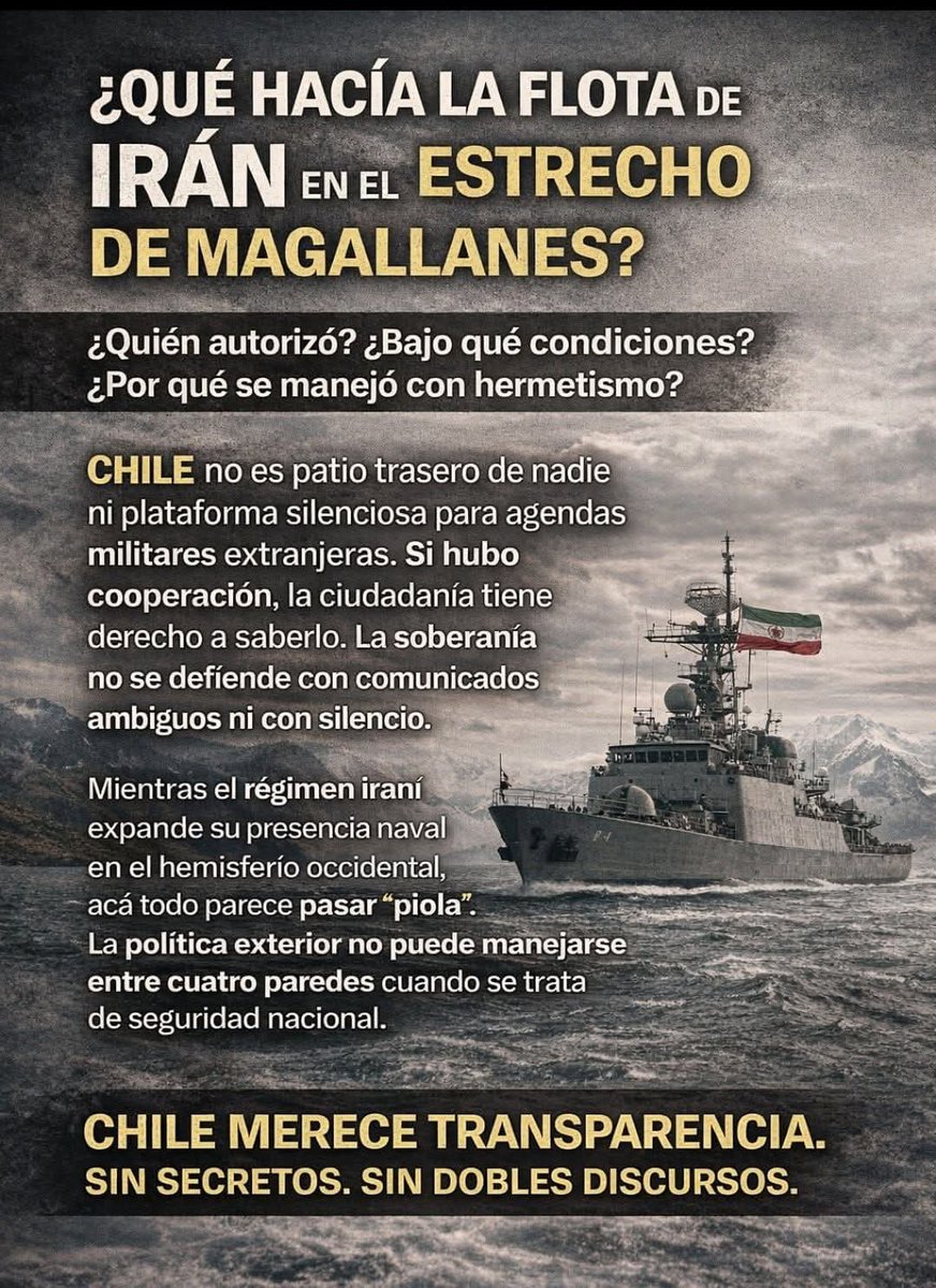 Qué hacía la flota de Irán 🇮🇷⛴️ en el Estrecho de Magallanes?
Y más grave aún: ¿x q se mantuvo en secreto?
Estamos hablando de una ruta estratégica bajo soberanía de Chile, no de un simple paso marítimo. 
Chile no puede convertirse en escenario de movimientos geopolíticos ocultos