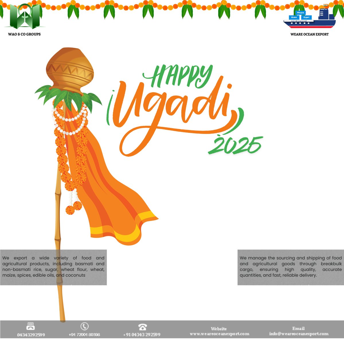 WeAreOcean_'s tweet photo. 🌅 A new sunrise, a new chapter — may this Ugadi rewrite your story with happiness and victories.

#weareocean #weareoceanexport #WAOgroups #WAO #weareoceangroups #Ugadi2026 #HappyUgadi #UgadiCelebration #UgadiPachadi #MangoLeaves #PanchangaShravanam #UgadiMood #NewYearEnergy https://t.co/GdvXMHgDlE