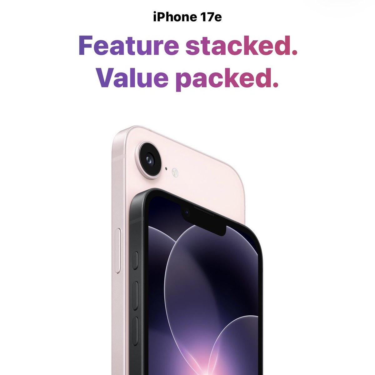 The iPhone 17e retains a notch and a single rear camera, unlike all leaks suggesting a dynamic island and dual rear camera.

The main upgrades this year are:
• The A17 chip, the same as the iPhone 17 series.  
• MagSafe charging (finally). 
• A new pink colour.