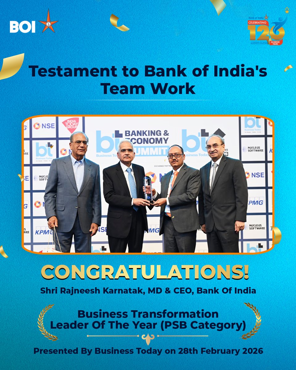 Bank of India is thrilled to share that Mr. Rajneesh Karnatak has been conferred the Special Jury Award for Individual Excellence as the Business Transformation Leader of the Year (PSB) at the Business Today Banking &amp; Economy Summit &amp; Best Banks Awards 2026. 
 
This recognition