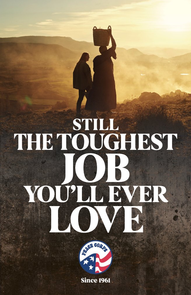 PeaceCorps's tweet photo. Still the Toughest Job You’ll Ever Love 🕊️ 

The work is demanding. It requires you to adapt, to listen, to earn trust over time. It requires patience and grit. It'll test you, and you will rise to the challenge.

As we build toward our 8,000 Volunteers in service by 2030 goal, we're thrilled to announce the launch of our new nostalgia-themed recruitment campaign. Sixty-five years in, and the Peace Corps is still the toughest job you'll ever love.

Read the full press release: https://t.co/kBw8frfX1V

If you served, share this post and tag us.

#PeaceCorps #ToughestJob #PeaceCorps65