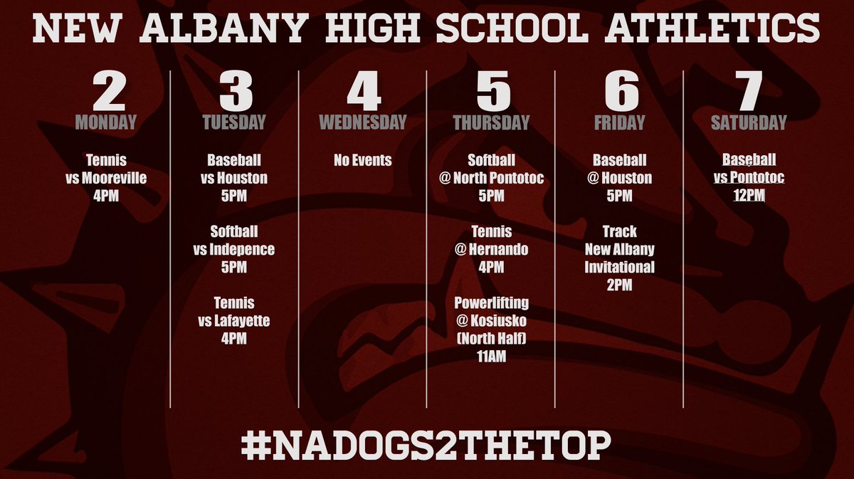 HailMaroon's tweet photo. Here’s what is happening this week in NAHS Athletics. Be sure to join us when you can to support these Bulldogs! https://t.co/owblee7Uve