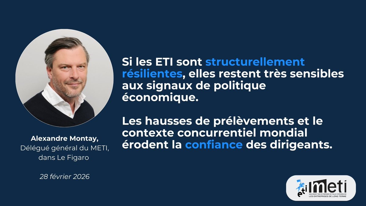 Les #ETI s’inscrivent dans le temps long et font preuve de résilience. Mais elles ne sont imperméables ni à l'incertitude, ni aux politiques économiques.

Sans visibilité, l’investissement recule, explique notre DG <a href="/alexandremontay/">Alexandre Montay</a> dans <a href="/Le_Figaro/">Le Figaro</a> 👉lefigaro.fr/conjoncture/da…