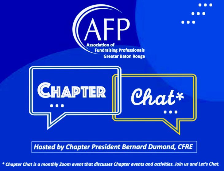 AFP-GBR MEMBERS: Join me today, 3/2 at 10 AM for CHAPTER CHAT, our fun and informal gathering to discuss all things AFP. Go to the chapter website for the Zoom invite/President’s Message.