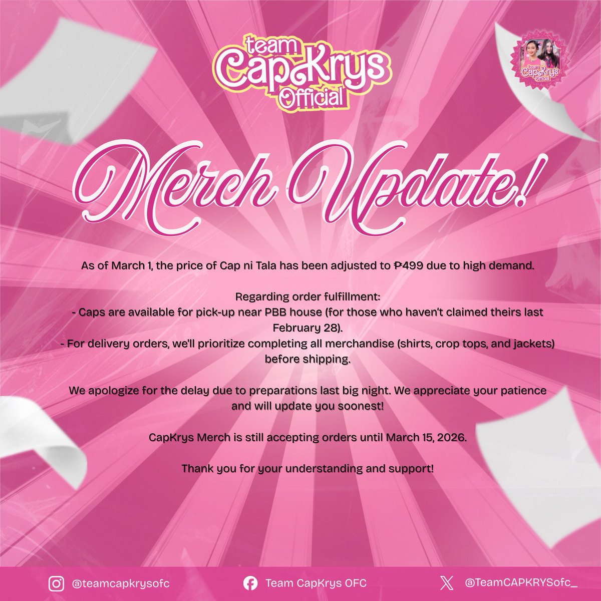 CAPKRYS MERCH UPDATE! As of March 1, the price of Cap ni Tala has been ...