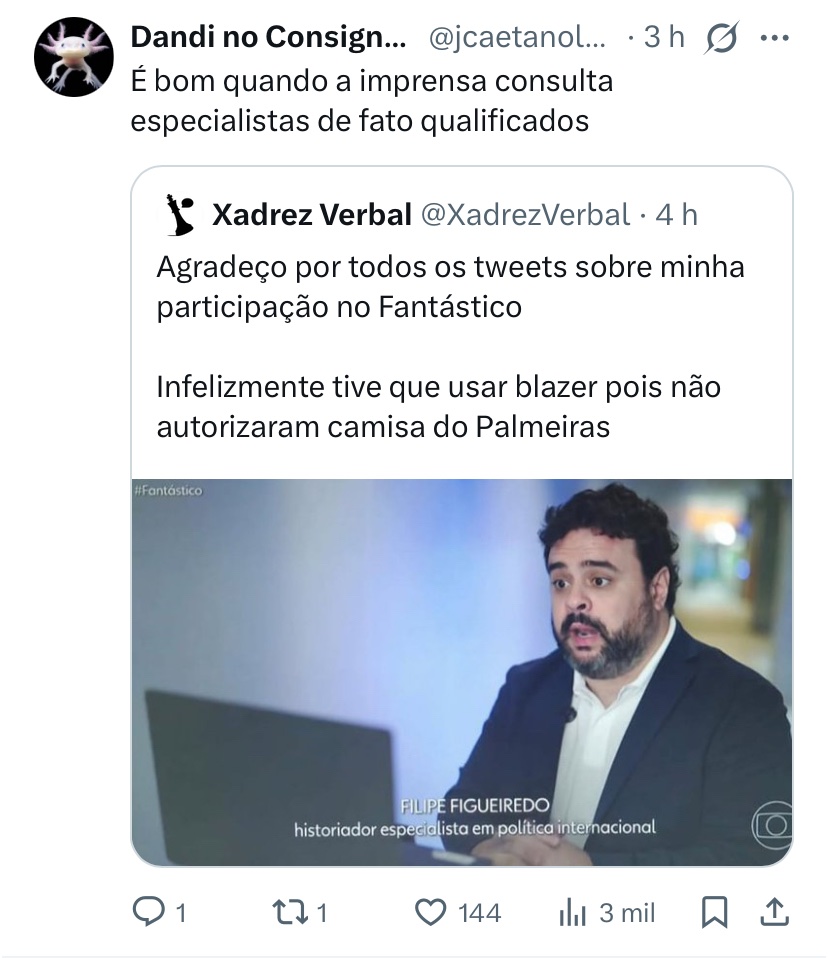 Esse Filipe foi para Israel, é citado como exemplo de “historiador” por liberais, teve um chilique do nada contra o perfil Meu Professor de História um tempo atrás e finalmente conseguiu o que mais desejava para ganhar mais dinheiro:  ser pet da grande mídia.