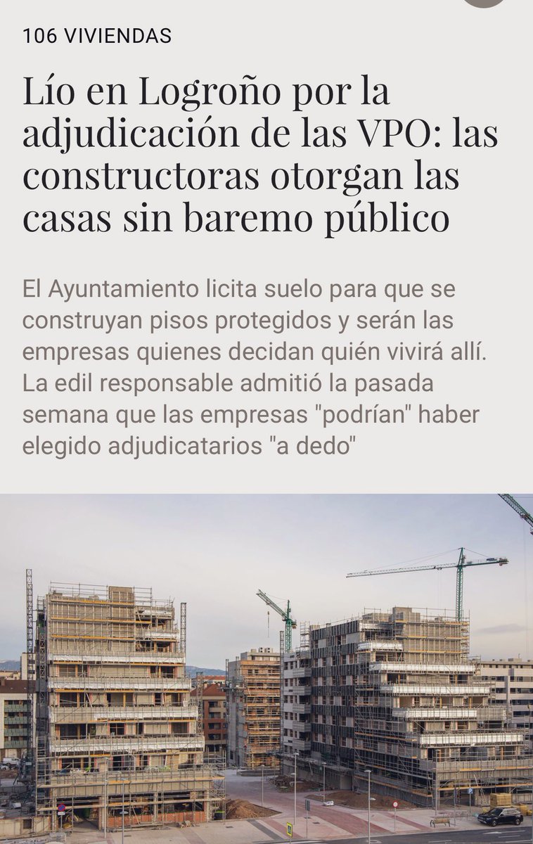 judit_sinhache's tweet photo. Escándalo en Logroño con las VPO: el Ayto (PP) licita suelo para 106 viviendas protegidas, pero las constructoras deciden los adjudicatarios sin baremo, sorteo ni transparencia

Otro modelo de vivienda del PP: PRIVATIZAR el ACCESO a VIVIENDA PROTEGIDA CONSTRUIDA en SUELO PÚBLICO
https://t.co/3FQ9damY5E