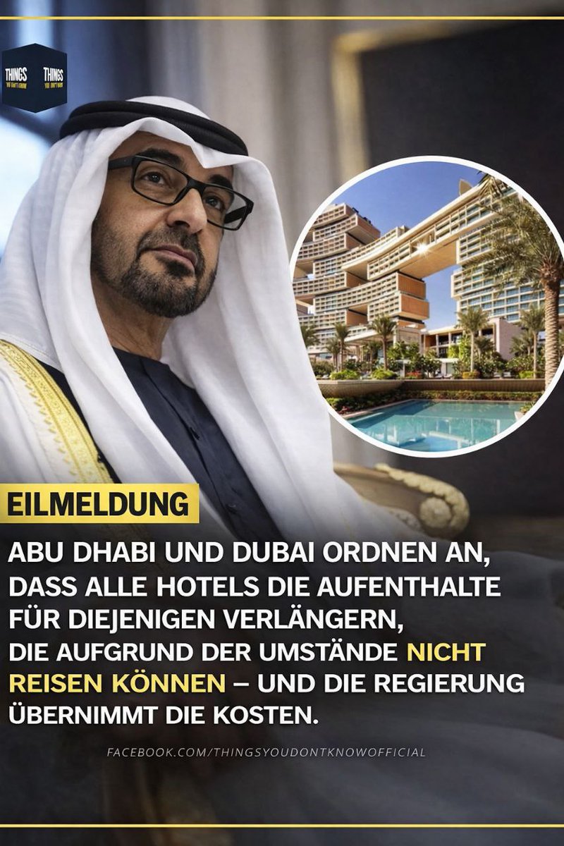 Eilmeldung 💥 💥 💥 ♥️♥️♥️

Was die Bundesregierung nicht will oder kann, zeigen Andere wie es geht! 🙏👏

Sie kamen für einen Urlaub. Dann wurde der Luftraum geschlossen und Flüge wurden gestrichen. Statt Chaos sagte die VAE-Regierung zu allen Hotels: Checkt sie nicht aus. Wir