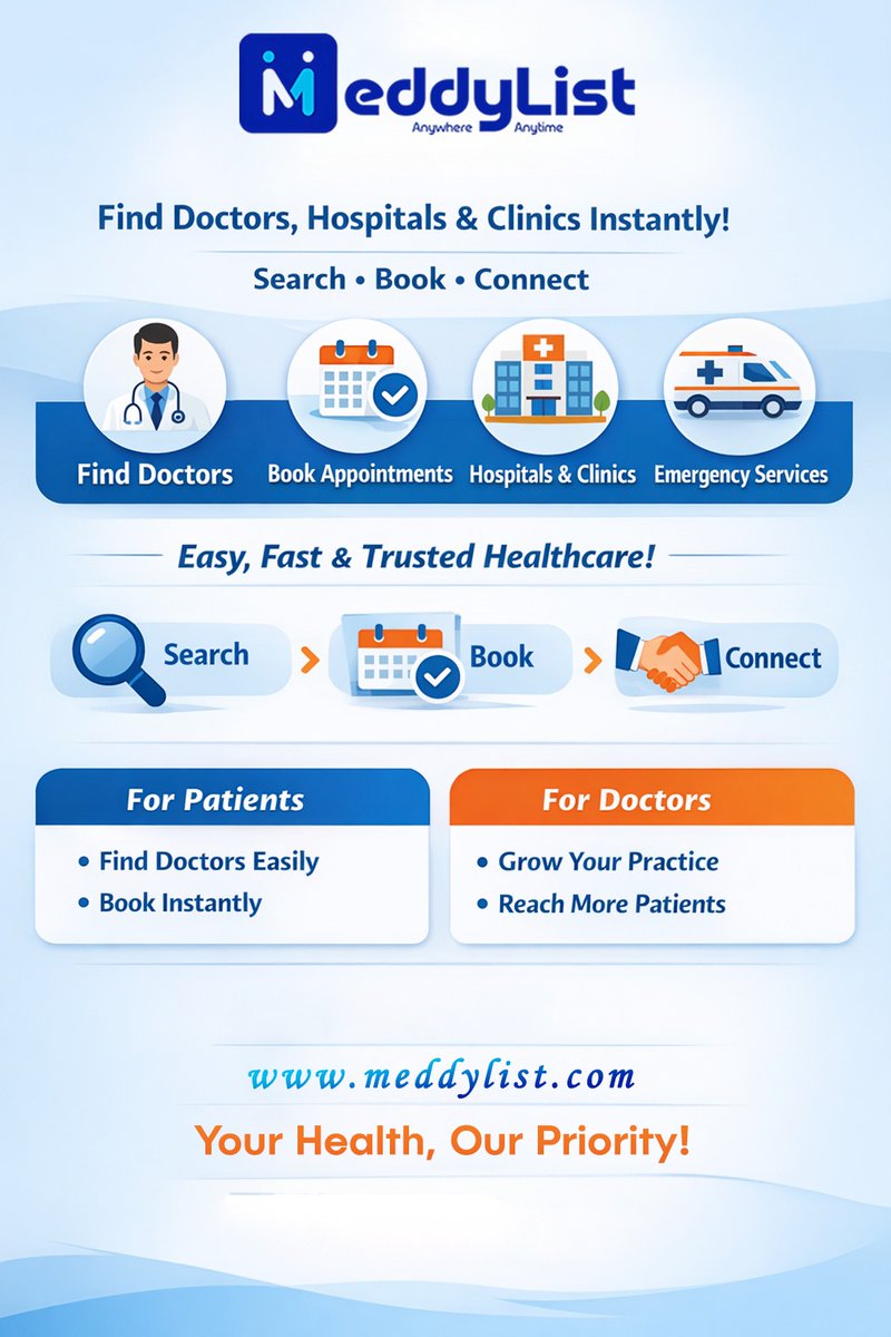 Meddylist6's tweet image. Find doctors, hospitals, and clinics instantly. Search, book, and connect with trusted healthcare providers. Easy appointments for patients, growth opportunities for doctors—only on MeddyList.#FindDoctors #BookAppointments #HealthcarePlatform

meddylist.com