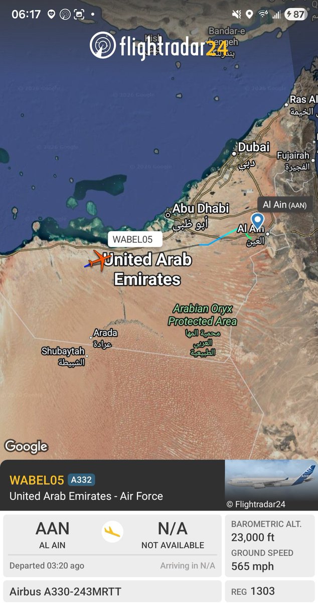 Borrowed7Time's tweet photo. UAE Air Force A330-243MRTT 1303 #896C72 as WABEL05 out of Al Ain, operating over the area in an aerial refueling capacity.
@sipjack1776 @Dinlas3 @LadyAstroJet https://t.co/3MinXfhiVX