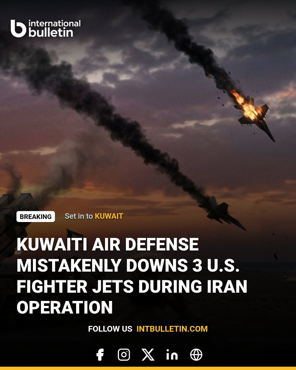 intbulletin's tweet photo. In a reported friendly fire incident, the Kuwaiti air defense system mistakenly shot down three U.S. F-15E fighter jets during an operation against Iran, according to U.S. Central Command. Officials confirmed that all six pilots safely ejected from the aircraft and survived https://t.co/MWfOHIim0Y