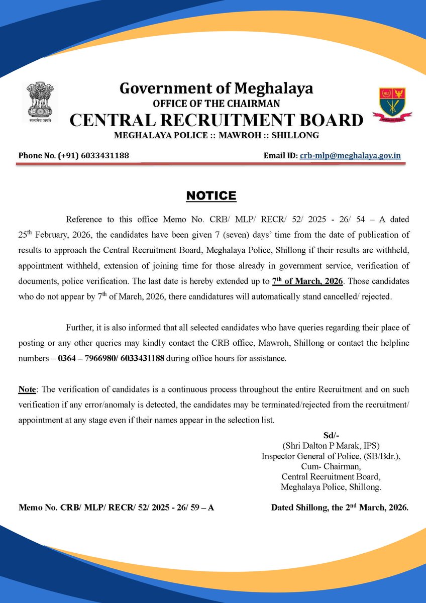 📢 IMPORTANT NOTICE – CENTRAL RECRUITMENT BOARD, MEGHALAYA POLICE