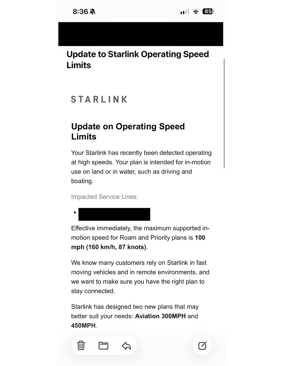 kikojeantette's tweet photo. @elonmusk @Starlink
Hey Elon and Starlink team,
Many of us in general aviation just received this email about an immediate change to operating speed limits. Our Roam plan in-motion use is now capped at 100 mph (we were running up to 200 mph before) and it’s pushing us toward the new Aviation plans with a massive price jump.
We were paying $160/month for unlimited service. These aren’t charter or commercial pilots — we’re GA pilots and small business owners who rely on Starlink’s safety and affordability to deliver services to local communities in remote areas.
GA pilots represent less than 0.1% of the population, but Starlink has been a true game-changer for us.
Please reconsider this decision and bring back (or create) a plan that actually works for general aviation. Don’t price us out.
Thank you — we’ve loved Starlink until now.