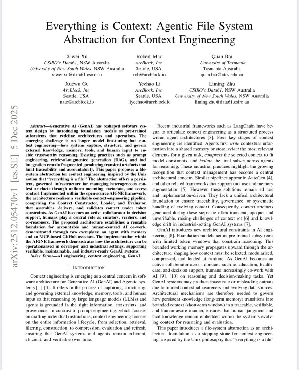 When it comes to AI agents, it is no longer just the model that is decisive, but how the context is organized. By "context," we mean conversation history, stored knowledge, tools, external data, and human corrections. The authors propose treating all of this like a file