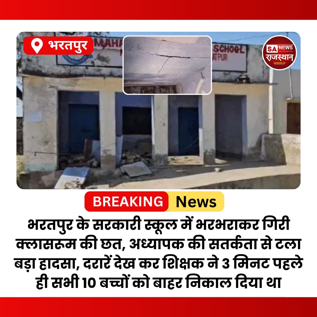 SANewsRajasthan's tweet image. News:- भरतपुर, भरतपुर के सरकारी स्कूल में भरभराकर गिरी क्लासरूम की छत, अध्यापक की सतर्कता से टला बड़ा हादसा, दरारें देख कर शिक्षक ने 3 मिनट पहले ही सभी 10 बच्चों को बाहर निकाल दिया था
#GovernmentSchool
#BreakingNews
#SchoolSafety
#NaglaBhagat
#HoliCelebration
#TeacherAlert