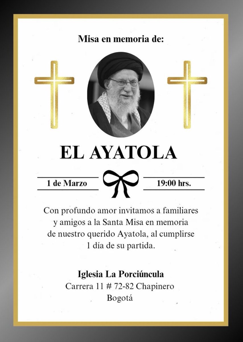 Antunes1's tweet photo. Mass in honor of Khamenei in Colombia 🤯

“With deep love, we invite family and friends to the Holy Mass in memory of our beloved Ayatola.” https://t.co/0n8lfqWvIs
