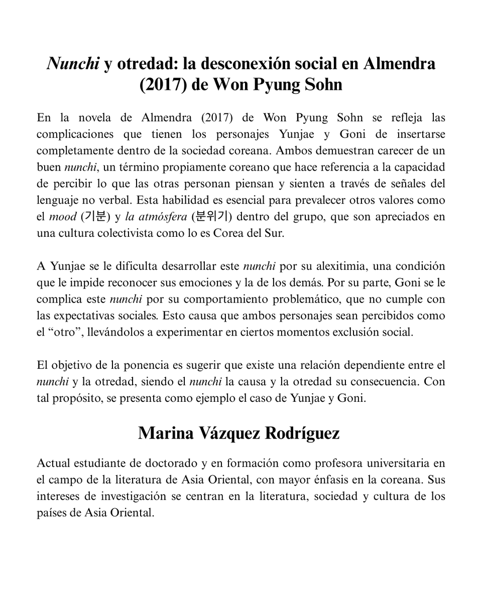 HumanismoE's tweet photo. En las III Jornadas Internacionales de Estudios sobre Cultura Pop, también con la participación de Marina Vázquez Rodríguez (@eaocorea), quien presentará la ponencia titulada “Nunchi y otredad: la desconexión social en Almendra (2017) de Won Pyung Sohn”. https://t.co/HqOfnYFF5w