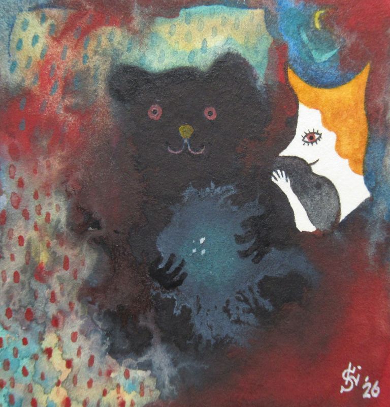 今日描いた絵『水面守り（赤い雨の国）』水彩紙、透明水彩、2026.3.2