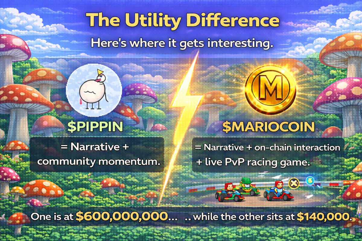 Here’s where it gets interesting 👇

$PIPPIN = Narrative + community momentum.

$MARIOCOIN = Narrative + on-chain interaction + live PvP racing game. 🎮

One is powered by story.
The other is powered by story and gameplay.
Same DNA.
Different utility.

The gap won’t stay forever.