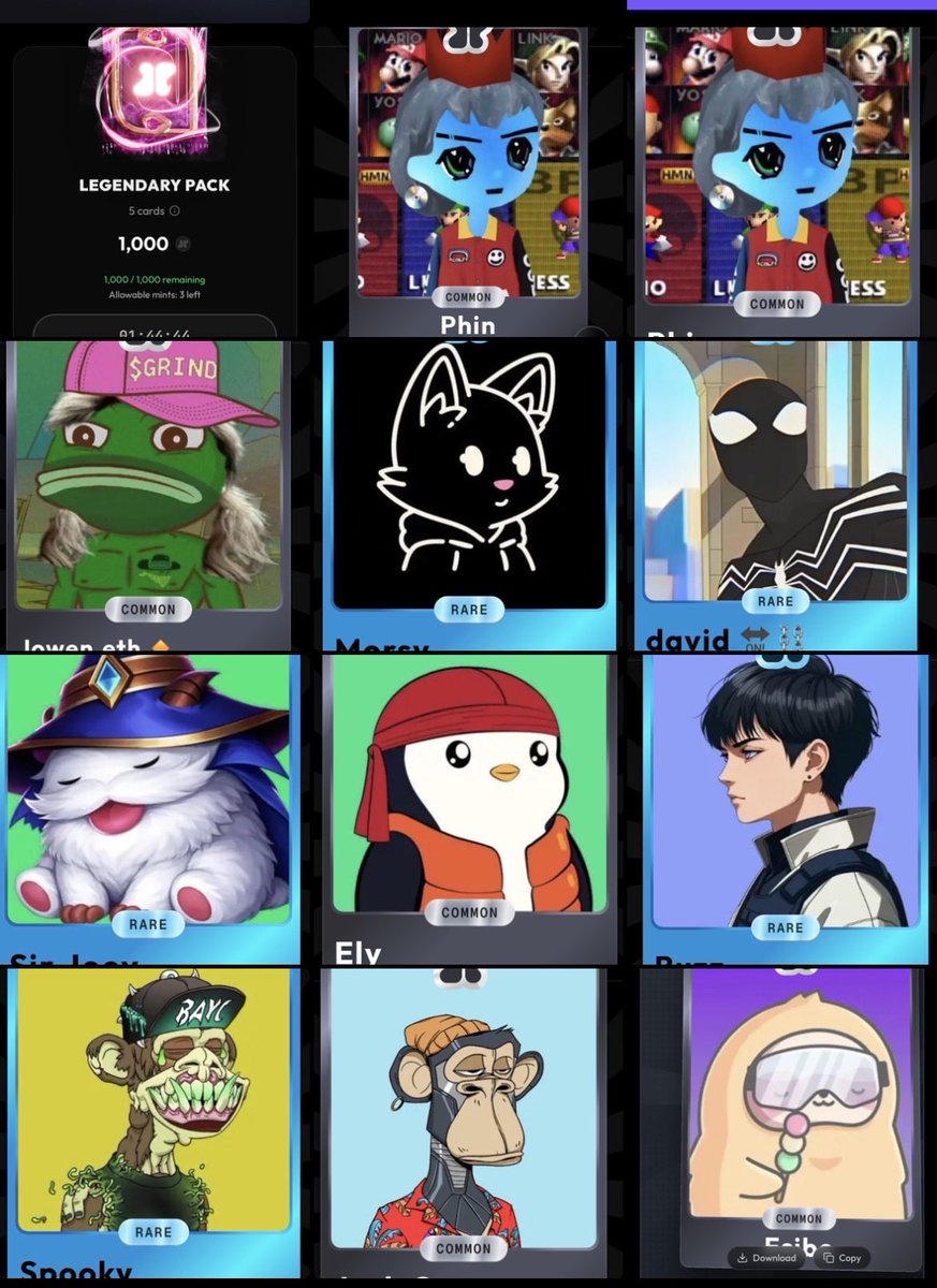 I started opening packs on <a href="/xeetdotai/">xeet</a>. 

It got 5 rare Cards from the Legendary pack I bought and 5 Common Cards from Rare and Common Packs I bought with my Xeet.

10 Cards in total.

Beautiful experience.