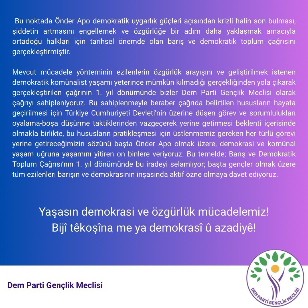 Barış Ve Demokratik Toplum Çağrısı’nın 1. Yıldönümüne İlişkin Açıklamamız