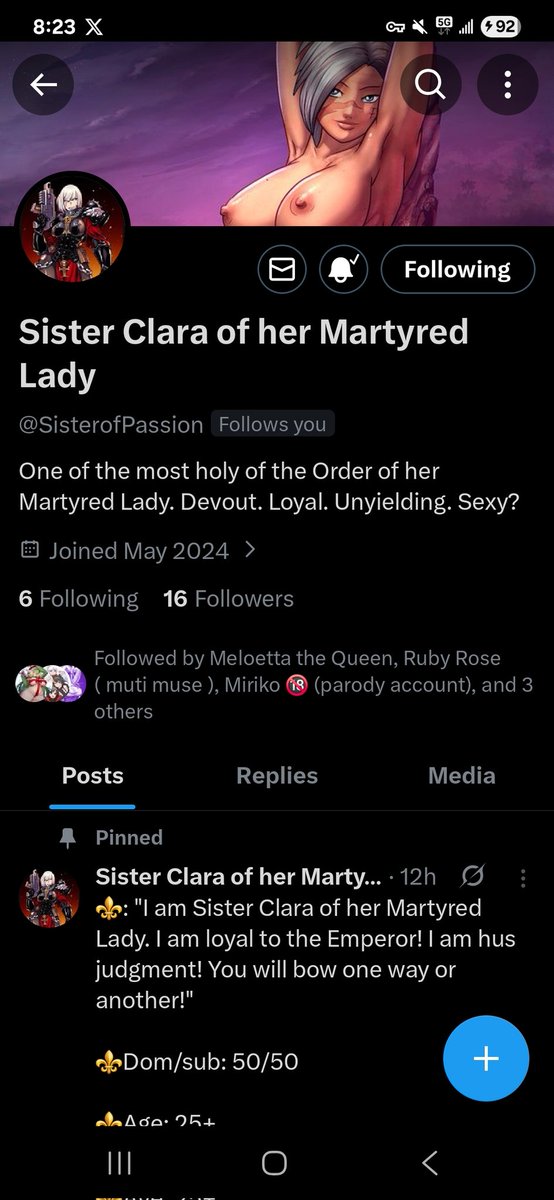 Due to overwhelming support. I made this new RP account.

Let me introduce you to Clara. A Sister of Batter who's well known for 'cleansing' heretical thoughts and feelings.

Go follow my new account <a href="/SisterofPassion/">Sister Clara of her Martyred Lady</a> 

❤️+🔃