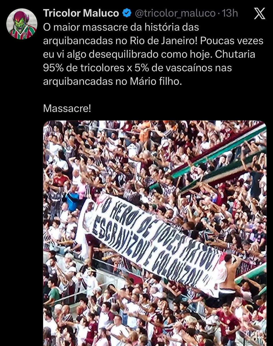 midiavascaina's tweet photo. Incrível como gostam de passar vergonha (até ganhando).

E não estamos falando da faixa de provocação nível 5ª série. 

Tomaram um AMASSO institucional HISTÓRICO na semifinal da Copa do Brasil. Encurralados na ida e na volta com o Maracanã completamente tomado de vascainos em todos os setores. Acabaram jogando dois jogos fora de casa naquela ocasião. 

Ontem, com o Vasco sem técnico, sem jogador, sem ambição e com desvantagem no placar tiveram a chance de dar um mínimo troco e foram incapazes de lotar qualquer setor além do sul.

Minúsculos. Pra sempre. 

Mas no Twitter são uns leões de caçar engajamento 😂😂