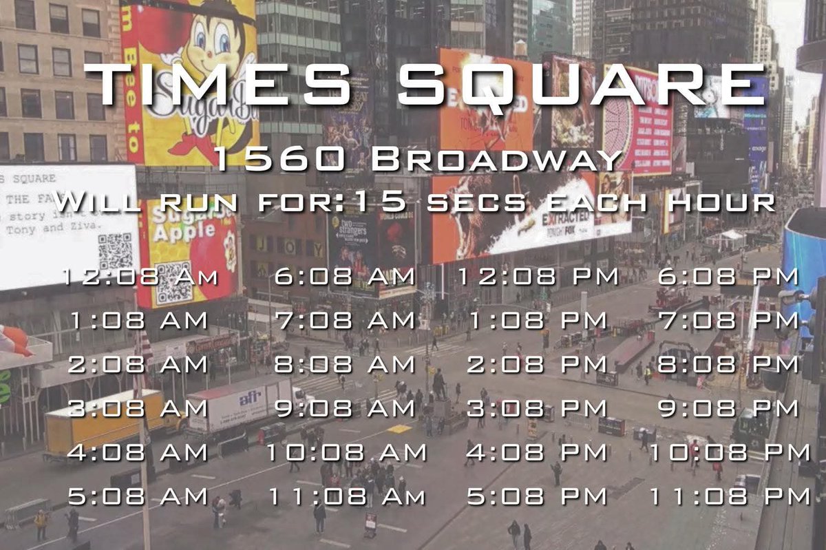 NCISTivaFans's tweet photo. There’s no fade out in this love story.  

Tiva fans are taking over Times Square again and calling for a “Reshoot” of the decision to cancel NCIS: Tony and Ziva. 

Beginning at 12:08 AM EST, the following ad plays twice for 15 seconds at the :08 minute mark every hour at 1560 Broadway, New York, NY.

#SaveTonyandZiva 

Link to live feed can be found at https://t.co/WR7xzzt5hG 

@M_Weatherly @NBenchicou @maxosinski @amitasuman_