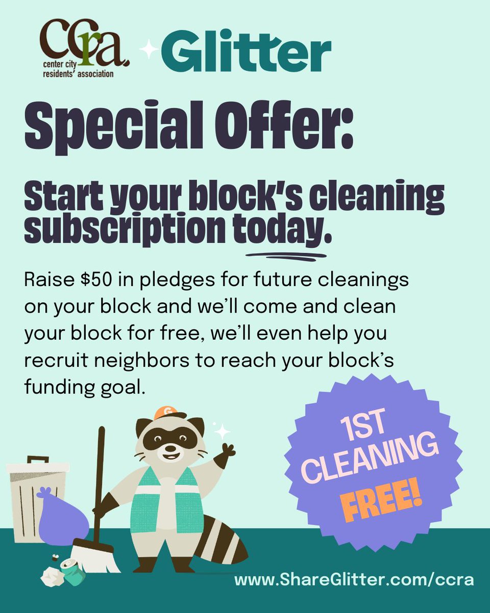 share_glitter's tweet photo. We’re excited to share that CCRA + Glitter are partnering to help Center City West stay clean.

With CCD service halted, neighbors can now fund cleaning directly — together.

✨ Reach $50 in pledges → First cleaning FREE✨ 
Start your block: https://t.co/zuGj2bi4aR https://t.co/qk2lJIvDhE