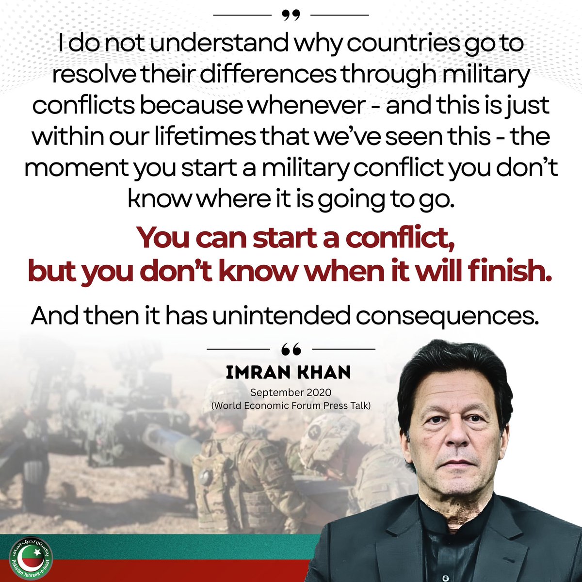PTIofficial's tweet photo. Long before tensions escalated, Imran Khan warned of the human and economic cost of war. He consistently advocated dialogue over destruction and diplomacy over bloodshed, emphasizing that conflict is easy to start, impossible to control, and paid for by ordinary people.

Today, a leader who cautioned against chaos remains imprisoned, not for violence or corruption, but for his independent stance. History often questions such voices later, but the record of what he said remains clear.
Truth does not fade with confinement.

#ReleaseImranKhan