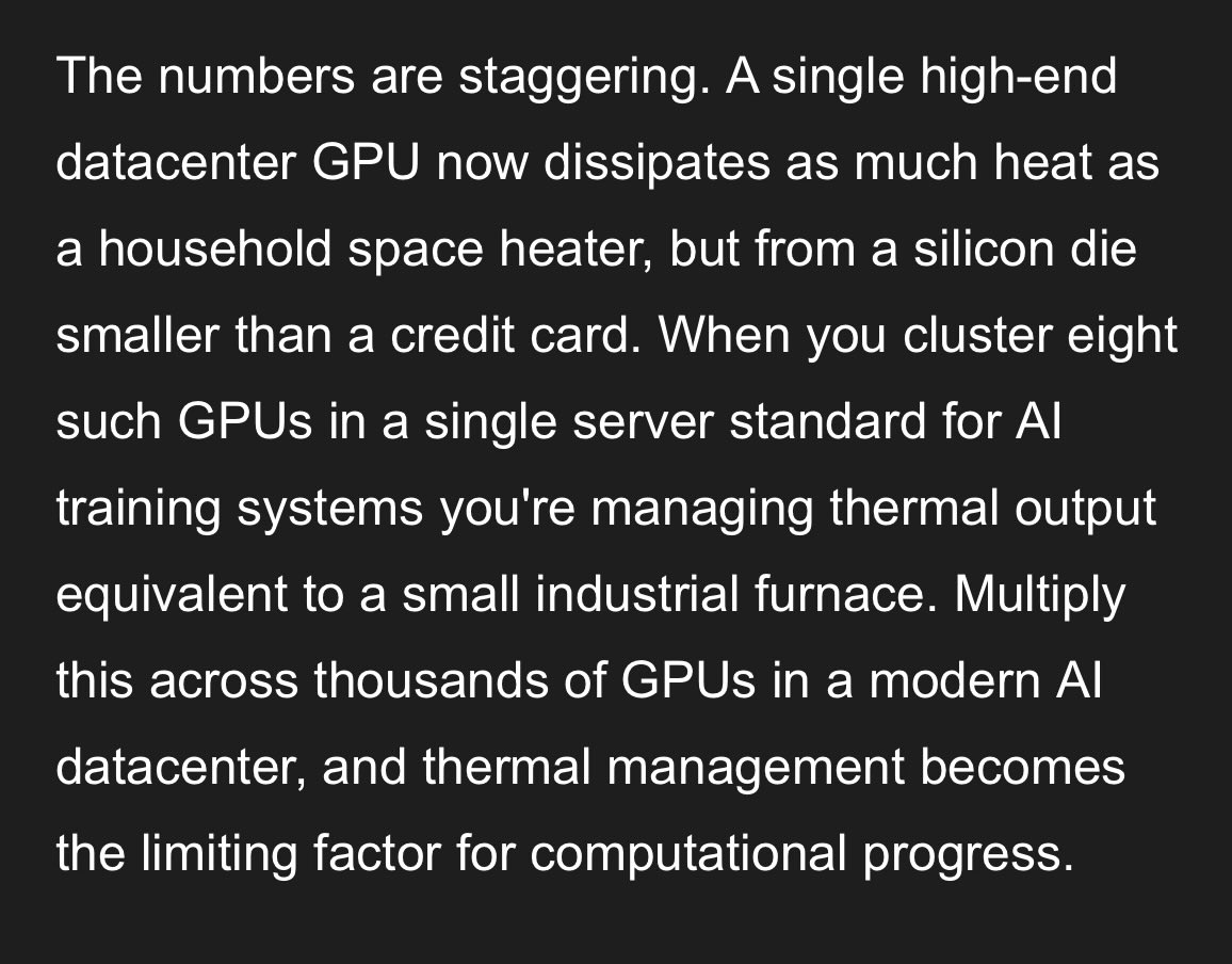 daniel_lai's tweet photo. Thermal capacity and heat dissipation will become the next frontier for AI chips and racks as never ending inference and training push chips to their maximum power draw.

New substrates like diamond CVD will arise as the benefits of higher performance and component life outweigh the costs.