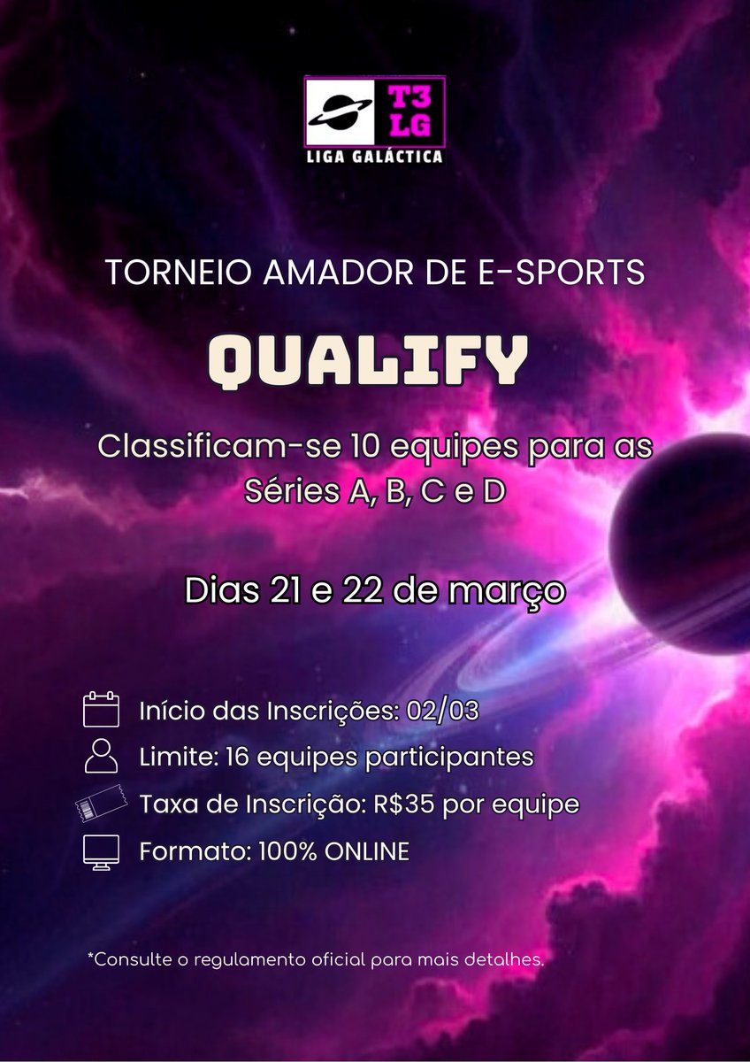 ligagalactica_'s tweet photo. 🪐 Se liga! Inscrições abertas para o Torneio Amador de E-sports – QUALIFY!

🗓 21 e 22/03 | 100% on-line
👥 16 equipes | 10 vagas nas Séries A, B, C e D
💰 R$35 por equipe
📅 Inscrições a partir de 02/03

Garanta a vaga do seu time! 🎮🔥
🔗 https://t.co/RSqS3OHhTu https://t.co/XV1BVoiKHj