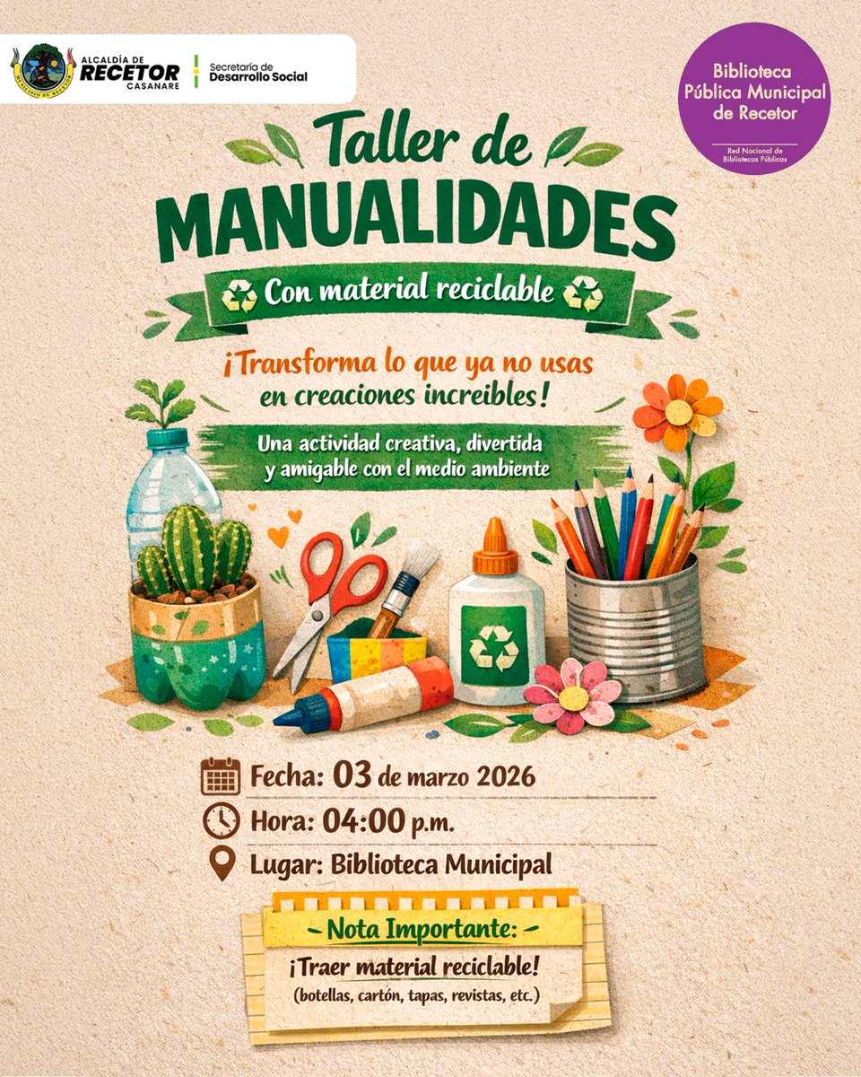 ♻️✨ La creatividad no tiene límites cuando aprendemos a ver oportunidades donde otros ven desechos.

Te invitamos a vivir una tarde diferente, llena de imaginación, aprendizaje y compromiso con el medio ambiente 🌎💚.