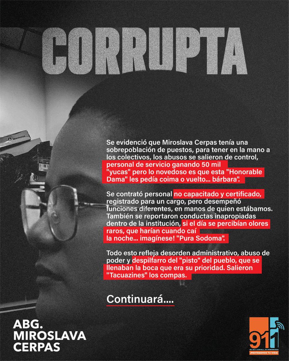 1/4 ‼️CORRUPCIÓN EN EL 911‼️

Compras irregulares 
Contratos millonario sin sustento legal 
Tráfico de influencias 
Extravío de Equipo de seguridad nacional 
Filtración de información de Seguridad nacional a maras y pandillas.