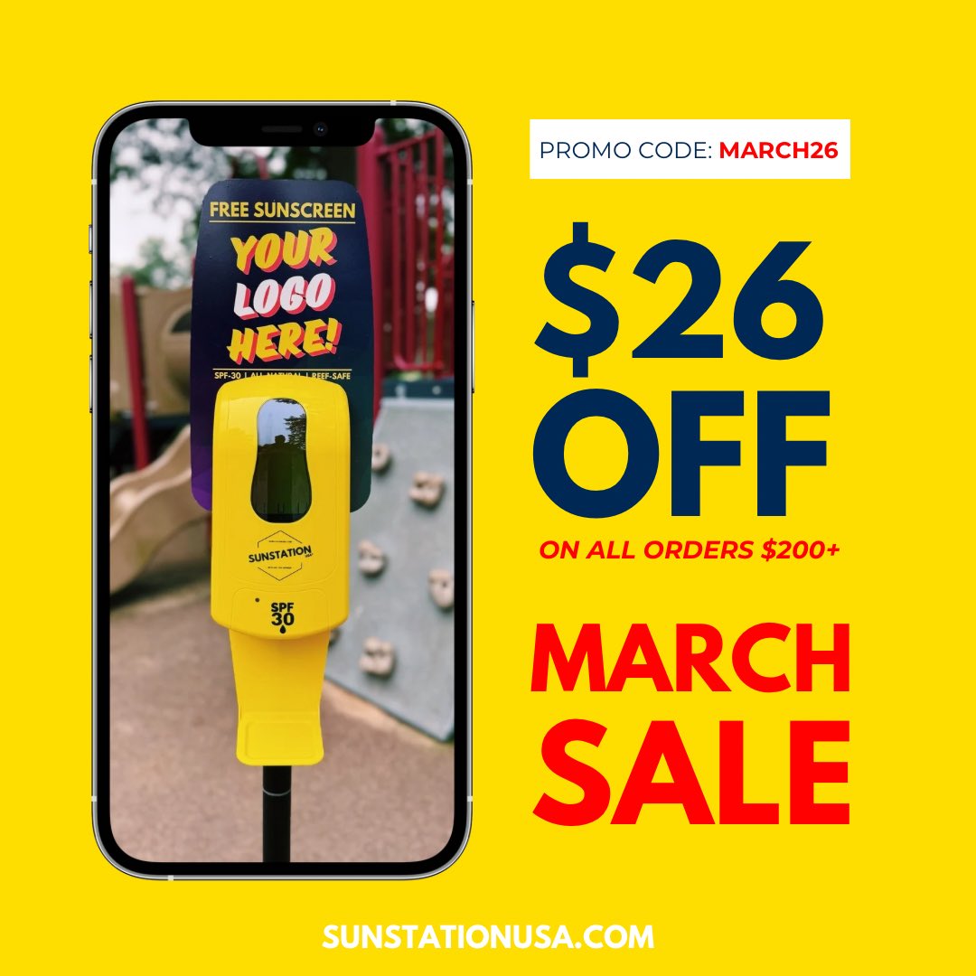 SunStationUSA's tweet photo. 🚨 SAVE $26 INSTANTLY w/ #PromoCode: MARCH26

Don’t miss out on our BIG MARCH SAVINGS - now YOU CAN BE THE HERO &amp; help prevent #SkinCancer &amp; #Melanoma w/ community #SunscreenDispensers!

https://t.co/4jVPzUVKgw is your #1 resource for sunscreen dispensers! https://t.co/J0r8CRx9cM