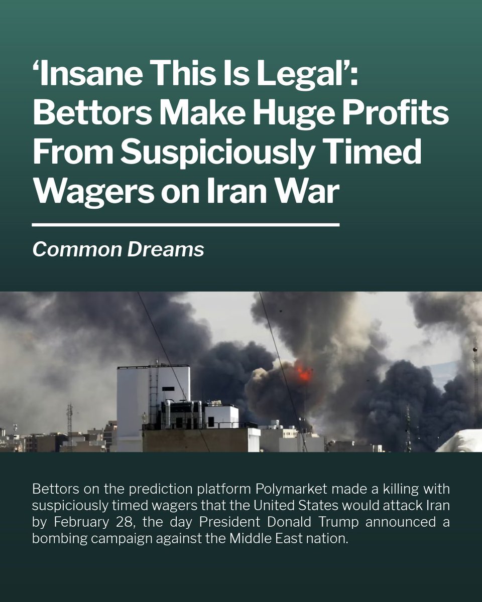 Hours before U.S. strikes in Iran, new accounts made predictions on Polymarket, which Trump Jr. is on the advisory board for, raking in massive profits.

This is beyond suspicious. No one should profit from a war that has already cost American lives — these bets need to be