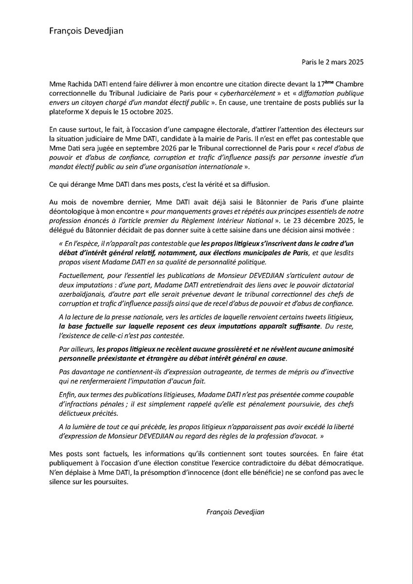 Après m’avoir poursuivi sans succès devant l’Ordre des avocats, <a href="/datirachida/">Rachida Dati ن</a> tente sa chance devant les tribunaux… sans plus d’arguments. 

Ma réponse à cette manœuvre  ⤵️ 

#ParisSansDati