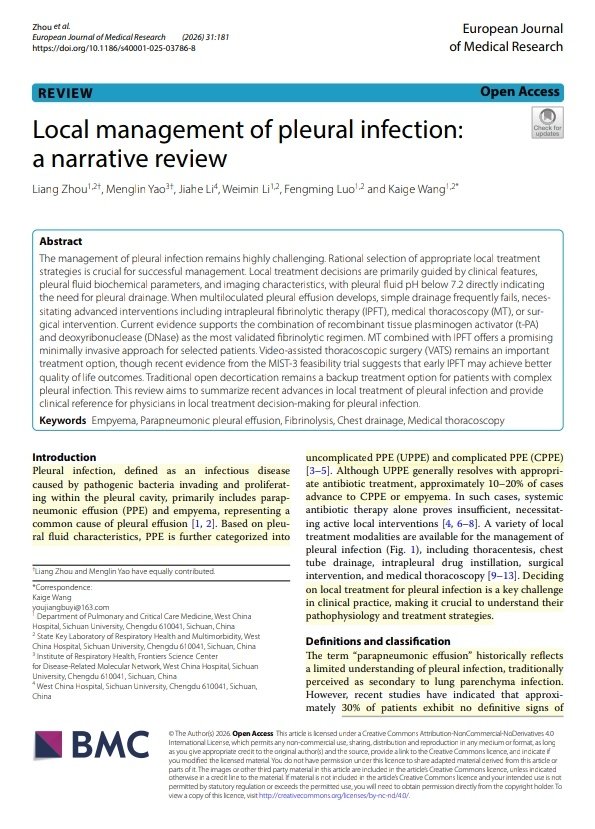 SOMELaguna's tweet photo. 🫁🦠Manejo Local de la Infección Pleural

🔰📚European Journal of Medical Research 2026

https://t.co/6JBtM8fvXD

Enlace a Artículo Completo✅👇🏻🆓
https://t.co/rPEDXf5xvO https://t.co/xFyigONfCw
