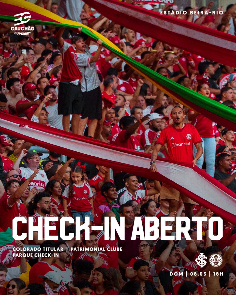 SCInternacional's tweet photo. 𝐀𝐠𝐨𝐫𝐚 𝐞́  𝐧𝐨 𝐁𝐞𝐢𝐫𝐚-𝐑𝐢𝐨! 🏟️

Domingo (8) é dia de decisão no Gauchão 2026 — e a tua presença é fundamental! O check-in para o clássico Gre-Nal já está aberto.

🎟 O Clube do Povo espera por ti!
Confirma tua presença no Mundo Colorado e 𝘃𝗲𝗺 𝗽𝗿𝗼 𝗚𝗶𝗴𝗮𝗻𝘁𝗲! 💪🔴⚪