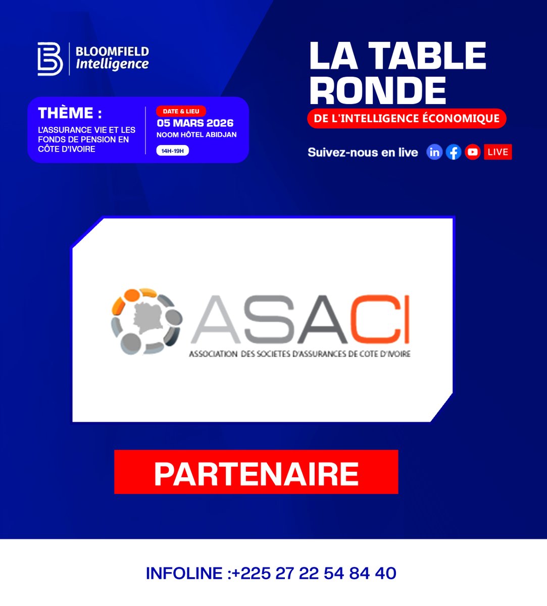 RDV le Jeudi 05 mars ! 
Bloomfield Intelligence et ASA-CI : Une synergie au service de l'intelligence économique pour décrypter le secteur des assurances. Intervenant : M. Mamadou GK KONE (Président ASA-CI)
Noom Hôtel Abidjan Réservez votre place :forms.gle/DvD5qCugvBj4KG…
