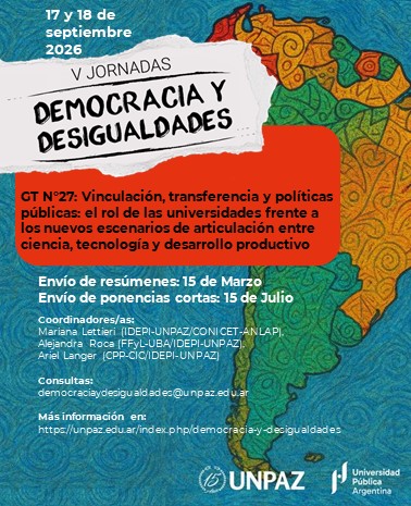 marulet26's tweet photo. 📣 Convocatoria a envío de resúmenes!

GT n°27: Vinculación, transferencia y políticas públicas: el rol de las universidades frente a los nuevos escenarios de articulación entre ciencia, tecnología y desarrollo productivo

Presentalo acá: https://t.co/GOxPmCEPzn

¡Gracias! https://t.co/owvRGYgxBW