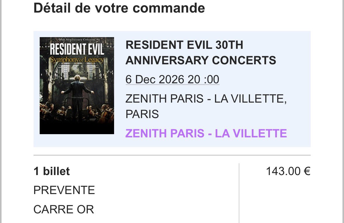 Ticket pris pour le concert Resident Evil 😭😍