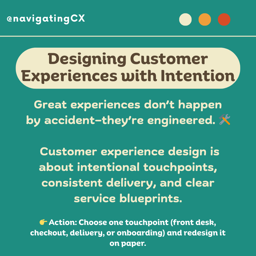 navigatingCX's tweet photo. Great experiences are engineered with intention—designed touch-points, consistent delivery, and clear service blueprints. 🛠️
#CustomerExperience #ExperienceDesign #CXStrategy #ServiceDesign #CustomerJourney #ConsistentService #TouchpointsMatter https://t.co/co1fkZIzJz