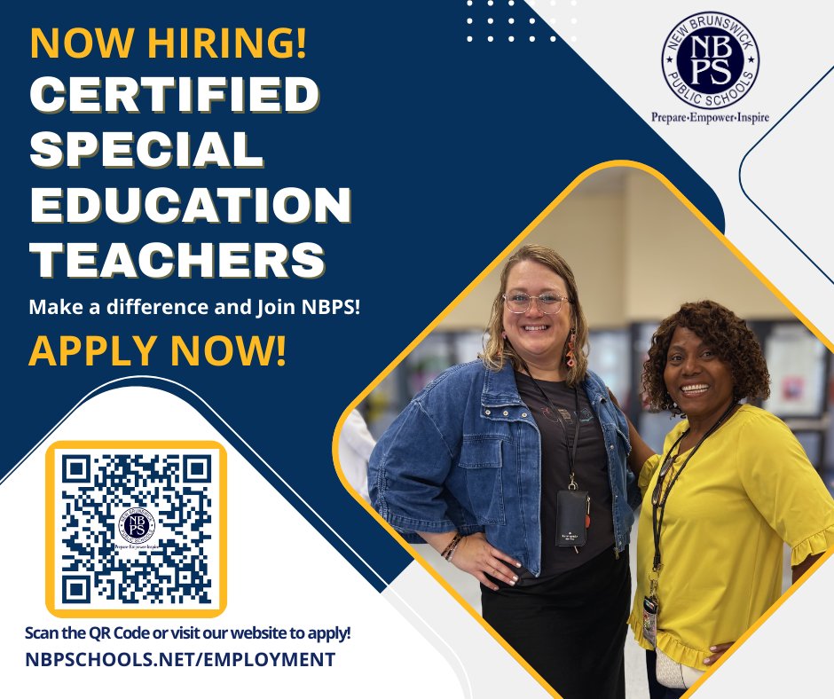 NBPS_HR's tweet image. Are you certified in Special Education? Come and #JoinNBPS today! Special Education teachers needed now.  #SpecialEducation  #TeachWithNBPS #NJEducators #TeachingJobs