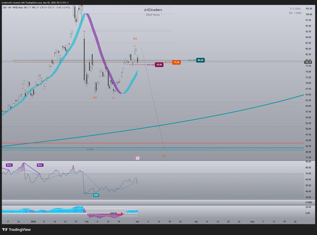 $SLV #silver #silber Corrective Bounce probably over now starting the (c) leg to under 60$. Silver Bulls don't want to loose the 78$ Put Support here with price right at gamma flip level.