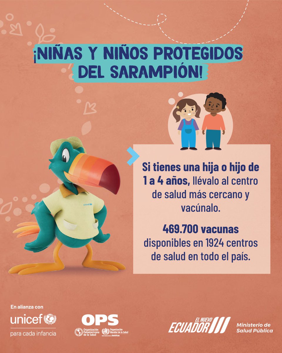 unicefecuador's tweet photo. ¡En Ecuador, le decimos NO al sarampión! ☝️ La mejor forma de prevenir esta peligrosa enfermedad es la vacunación💉

La vacuna es gratuita y está disponible en centros de salud del Ministerio de Salud Pública.

🔗 Si deseas más información sobre las vacunas, ingresa en: https://t.co/dc9qHPPUzv

@Salud_Ec @ONUecuador