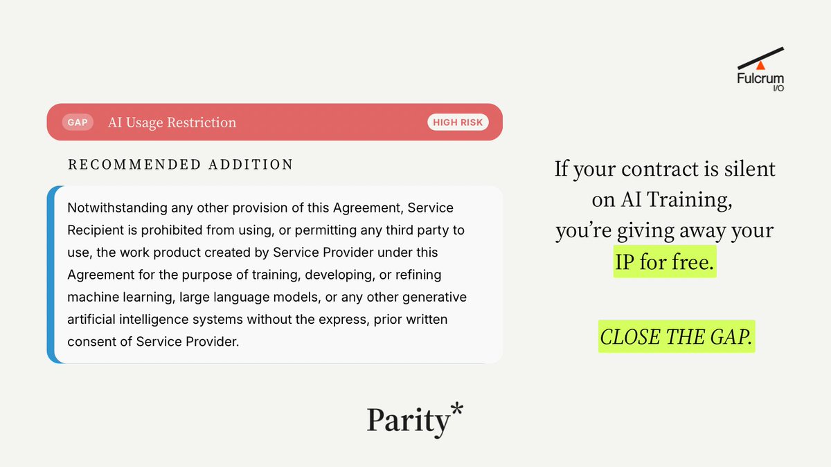 ParityAI's tweet photo. Most AI summarizes what’s in your contract. At Parity, we find what’s MISSING. 🕵️‍♂️

We call them "Safeguard Gaps" like missing AI training bans or liability caps that leave you exposed.

Know your score. Close the gap. 🛡️

https://t.co/6dX7vxKPeT

#SaaS #ContractRisk #Parity #AI https://t.co/HaDaZyOjra